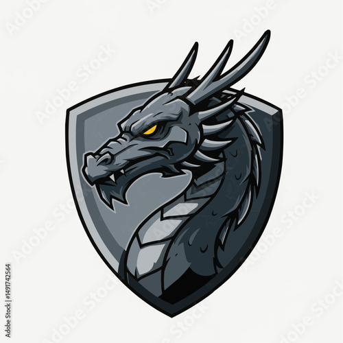Menacing grey dragon with glowing eyes shields, poised for battle