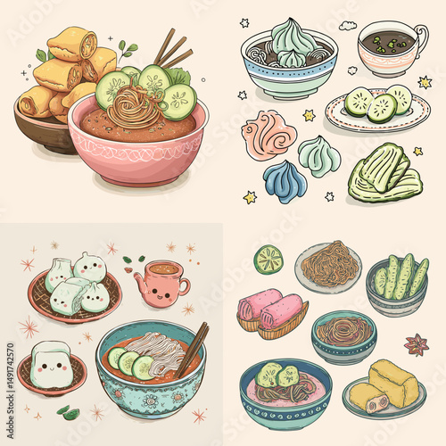 Cute hand-drawn Asian traditional foods including noodles, rolls, dumplings, and tea snacks in pastel tones. Ideal for food guides, menus, or culinary illustrations.

