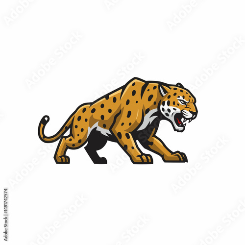 Animated jaguar with black spots, ready to pounce, sharp teeth, and glowing red tongue