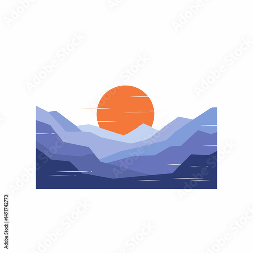 A stylized sunset over mountain peaks, minimalistic landscape with bright colors