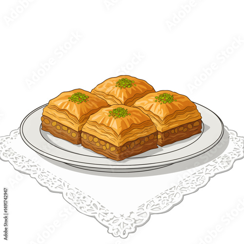 Four Square Pieces Of Golden Baklava On White Plate
