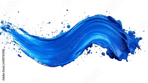 Dynamic blue paint stroke, swirling and splashing against a white background.  A vibrant, abstract image