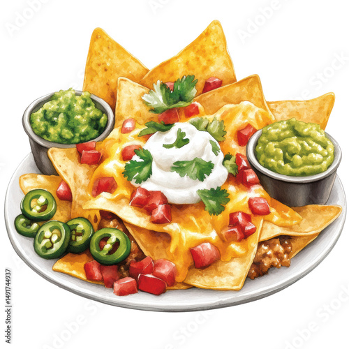Delicious nachos with guacamole and sour cream restaurant table watercolor style transparent background