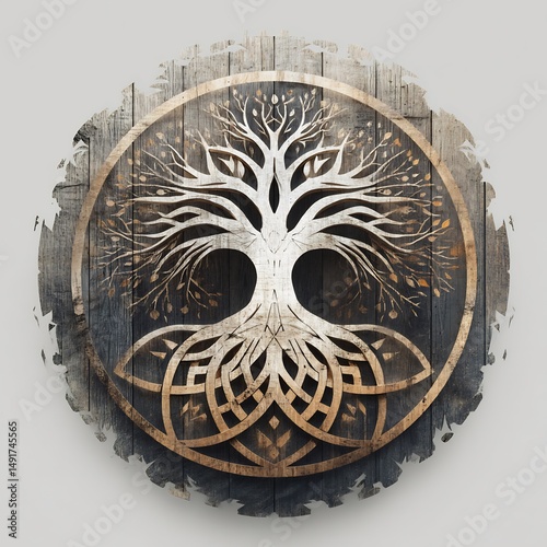 Symbolic arboreal representation with interweaving roots on rustic wood texture
