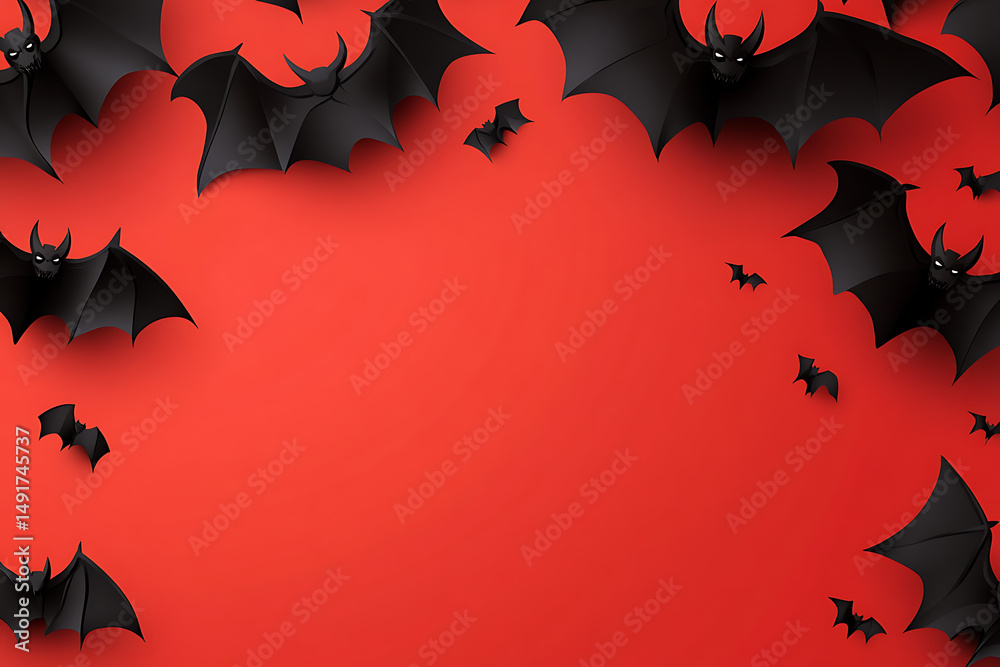 Naklejka premium Black bats flying against a vibrant red background, creating a spooky atmosphere for Halloween