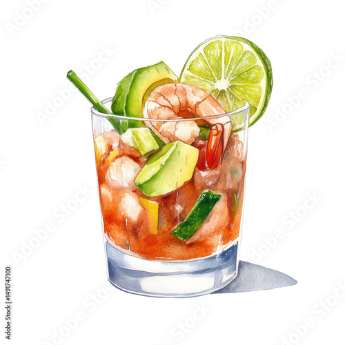 Refreshing shrimp cocktail in a glass watercolor art with transparent background food illustration