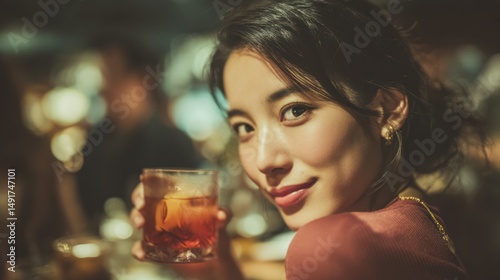 Close-up of a Japanese lady enjoying a whiskey cocktail at a vintage jazz bar, facing the camera with soft expression, warm tones, real photo 4K