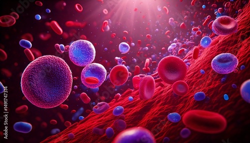 3D Illustration of Microscopic View of Flowing Red Blood Cells, White Blood Cells, and Platelets in Blood Stream. Medical Illustration. 