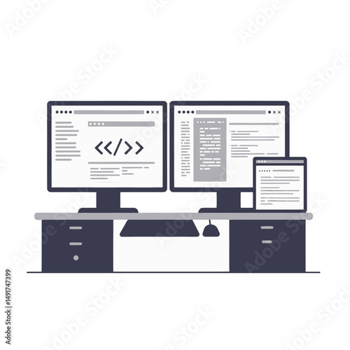 Simple Illustration Of Multiple Computer Screens And Tablet On A Desk