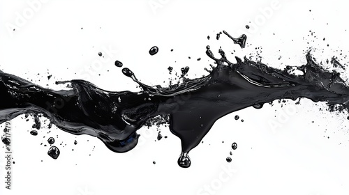 Dynamic black liquid splash against a white backdrop, exhibiting fluidity and texture.  The image showcases motion, droplets, and a sense of energy