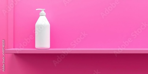Blank white plastic bottle on pink shelf, ready for mockup,  commercial,  mockup