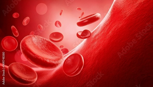 3D Illustration of Microscopic View of Flowing Red Blood Cells in Blood Stream. Medical Illustration.