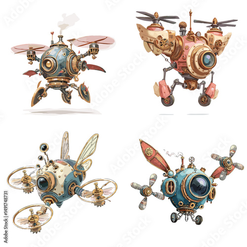 Steampunk-inspired flying robots with propellers and gears in whimsical illustration style, perfect for fantasy games, sci-fi stories, and mechanical concept art.

