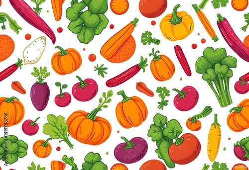 Cheerful doodle-style vegetable harvest seamless pattern,  repeat,  organic