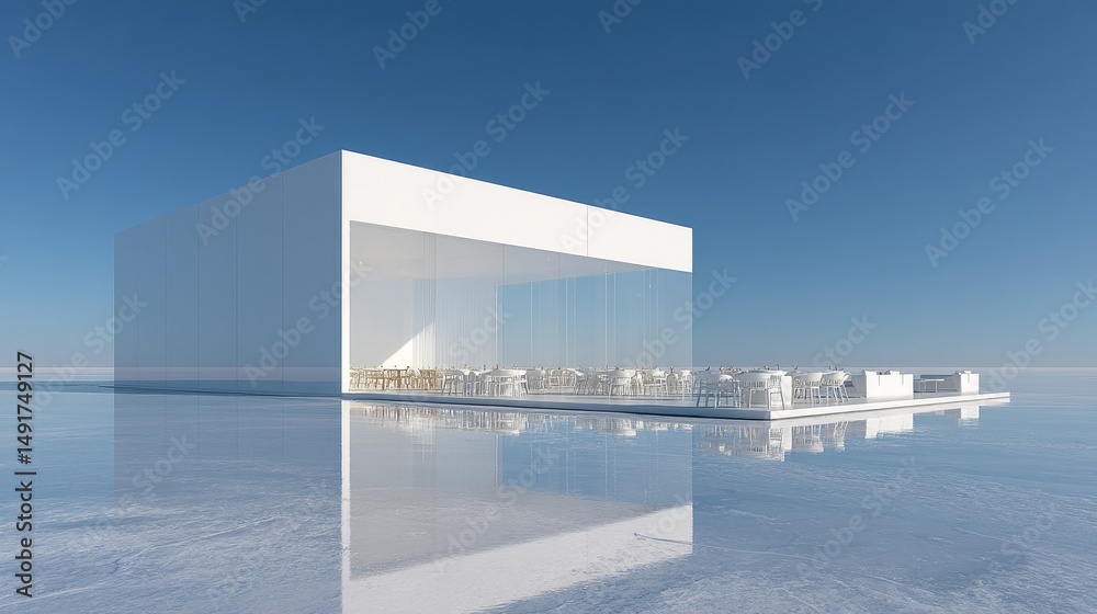 Fototapeta premium Minimalist White Structure Reflecting in Water with Blue Sky Backdrop.