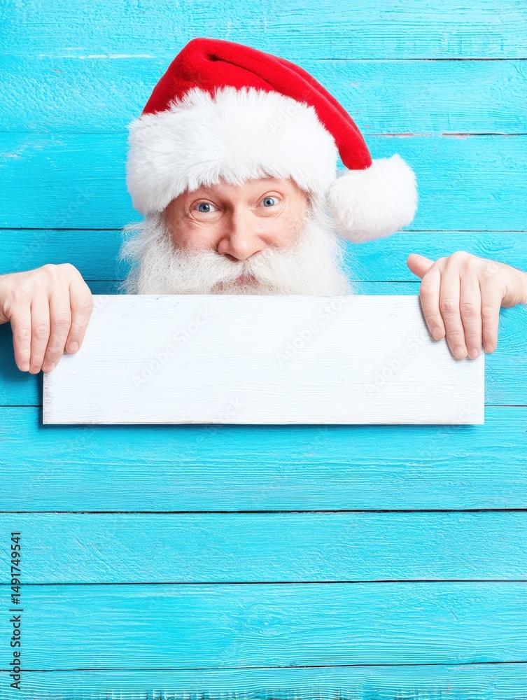 Naklejka premium Santa Claus holding a blank sign against a solid blue background, studio portrait, festive holiday concept.