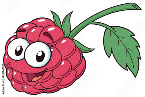 12 redheaded cartoon raspberry character, chubby spherical body, large expressive eyes, smiling happily, vibrant red color, glossy surface, green stem and leaf, solo focus, photorealistic, 8k resoluti