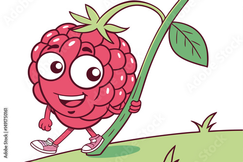 12 redheaded cartoon raspberry character, chubby spherical body, large expressive eyes, smiling happily, vibrant red color, glossy surface, green stem and leaf, solo focus, photorealistic, 8k resoluti