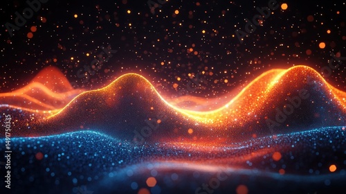 Abstract glowing wave-like surface with vibrant orange and blue particles creating a dynamic and energetic digital landscape