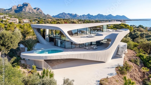Modern, sculptural villa with infinity pool overlooking ocean and mountains.