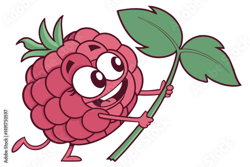 12 redheaded cartoon raspberry character, chubby spherical body, large expressive eyes, smiling happily, vibrant red color, glossy surface, green stem and leaf, solo focus, photorealistic, 8k resoluti