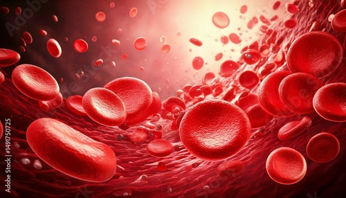 3D Illustration of Microscopic View of Flowing Red Blood Cells in Blood Stream. Medical Illustration.