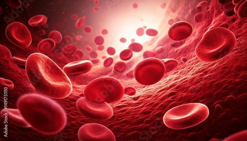 3D Illustration of Microscopic View of Flowing Red Blood Cells in Blood Stream. Medical Illustration.