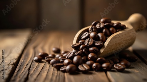 A wooden scoop overflowing with aromatic roasted coffee beans spills onto a rustic wooden surface, creating a rich and inviting scene of caffeinated delight.