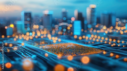 Abstract tech cityscape with glowing circuit lines.