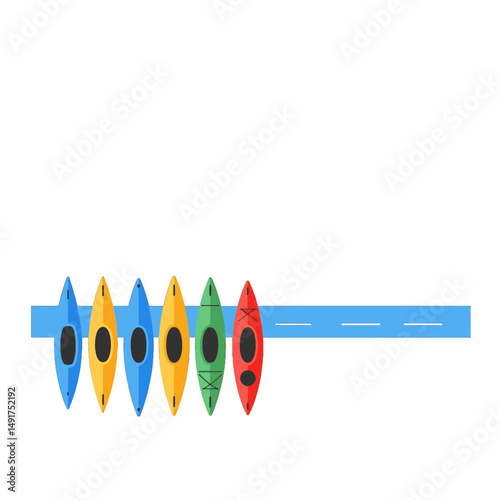 Colorful Kayaks Arranged Beside Water