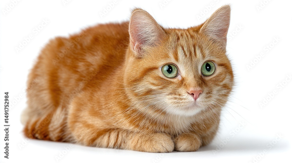 Fototapeta premium Full-body image of a ginger cat with green eyes, sitting attentively in the center, isolated on a white background, studio lighting, realistic detail