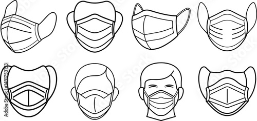 Set of medical face mask outline vector and illustration, coloring book page