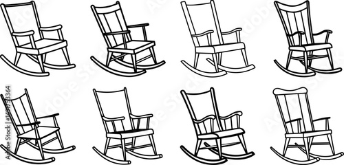 Set of wooden rocking chair outline vector and illustration, coloring book page