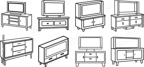 Set of TV stand outline vector and illustration, coloring book page