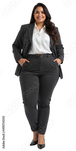 Middle Eastern plus-size woman, early 20s, full-body professional studio portrait in dark gray business suit, white shirt, engaging smile, isolated on transparent background. Sharp focus,