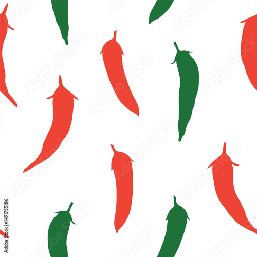 Simple seamless vector pattern with hot chili peppers in red and green colors on white background