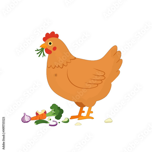 Chicken Eating Vegetables Illustration