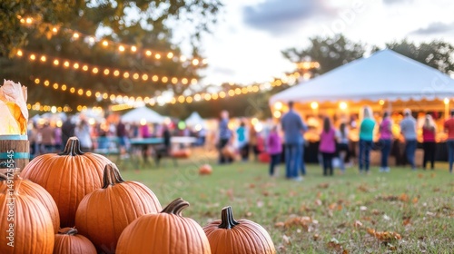 Autumn harvest festival scene with pumpkins and gathered people