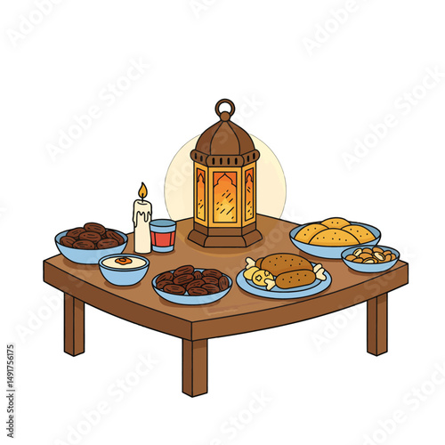 Traditional Iftar Meal On Wooden Table With Lantern