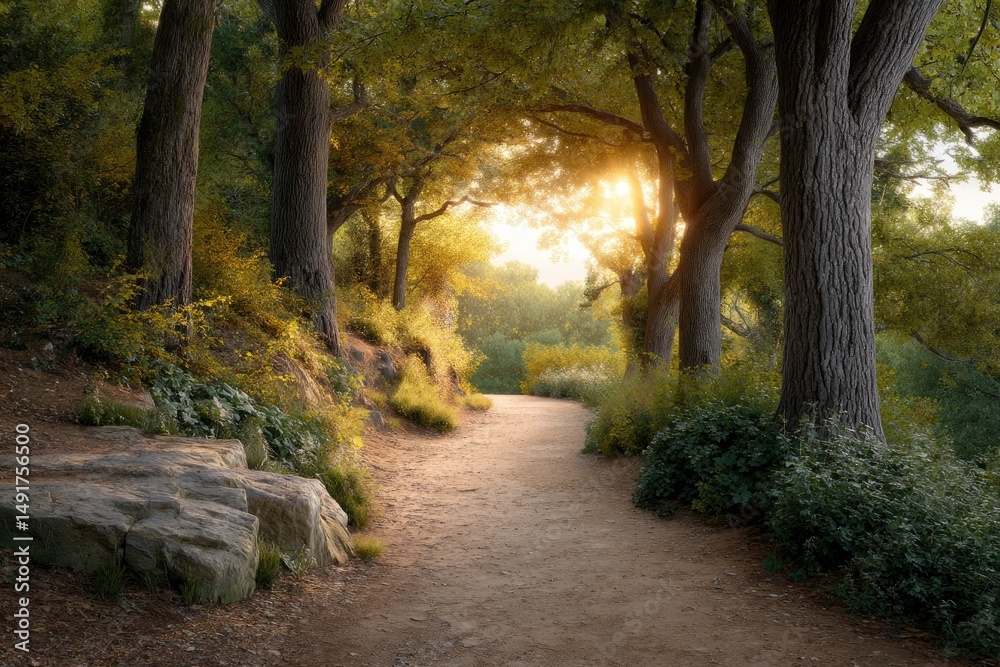 Obraz premium Walking Path Through Forest with Sunlight and Trees