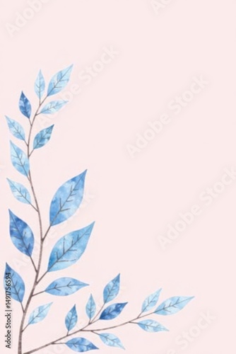 Serene Blue Watercolor Leaves on a Pastel Pink Background, Ideal for Elegant Invitations or Delicate Stationery Designs
