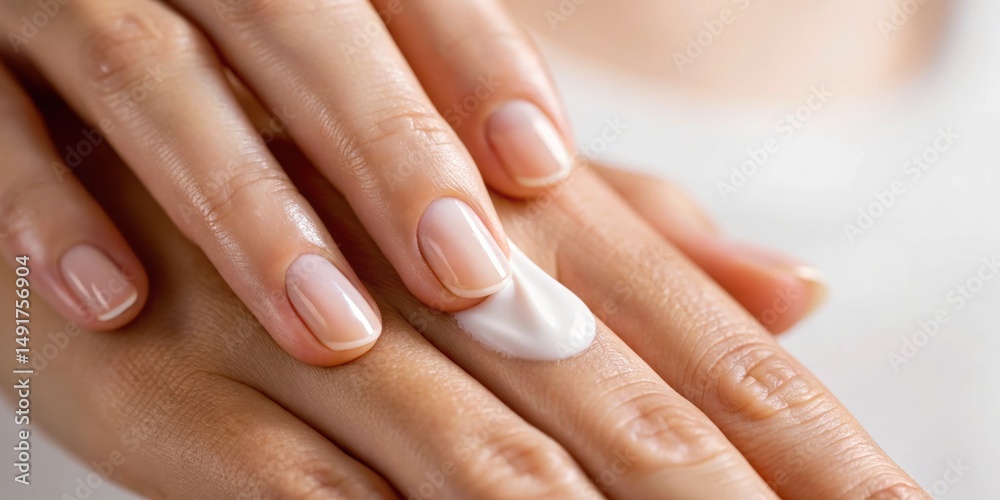 Naklejka premium Moisturizing cream being applied to a woman's hand, showcasing a focus on skincare and beauty routine.