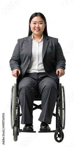 Photorealistic full-body portrait of a professional East Asian non-binary person in a modern wheelchair wearing a business suit. Ideal for business, diversity, corporate, and HR content.