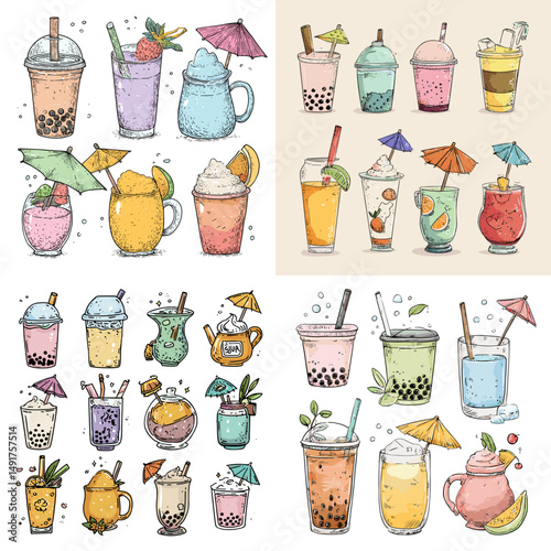 Cute hand-drawn drinks including bubble tea, smoothies, fruit juices, and milkshakes with fun toppings and straws. Perfect for cafe menus, kids' graphics, and summer themes.

