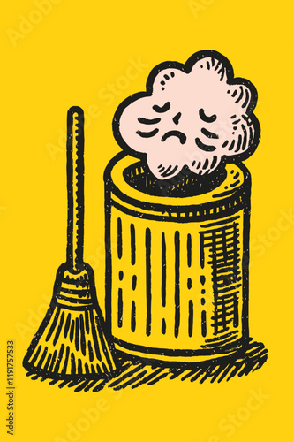 Sad Cloud Doodle in a Trash Can with Broom Illustration