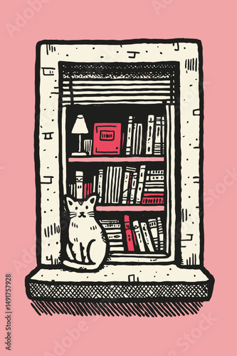 Whimsical Cat Doodle in Front of a Cozy Bookshelf Illustration