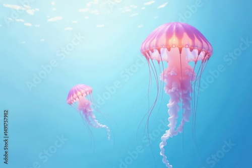 Serene Aquatic Ballet Two Pink Jellyfish Gracefully Drifting in a Tranquil Ocean Scene