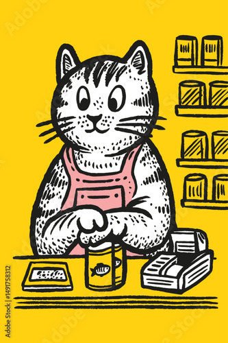 Whimsical Cat Character in Storefront Doodle Illustration Art