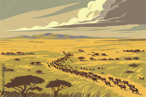 17 aerial view of a large herd of wildebeest or gnu migrating across a vast, grassy plain, dramatic sky with clouds, serengeti national park, tanzania, cinematic lighting, stunning landscape, high qua