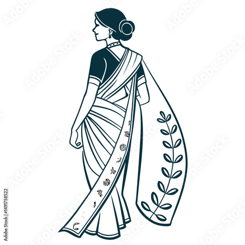 Illustration of woman in sari isolated on white background in vector style.